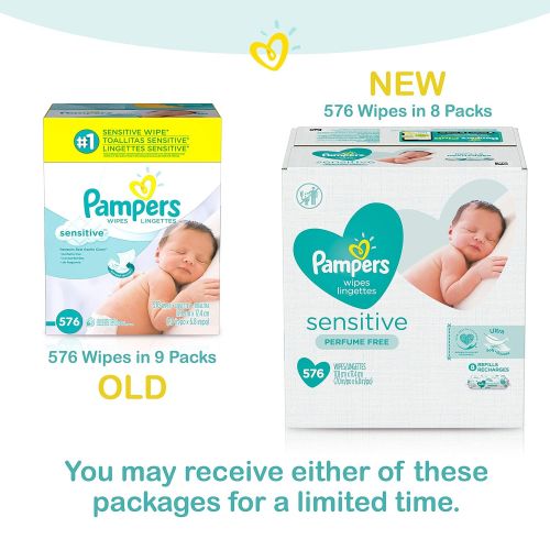  [아마존베스트]Pampers Sensitive Water-Based Baby Diaper Wipes, 9 Refill Packs for Dispenser Tub - Hypoallergenic and Unscented - 576 Count