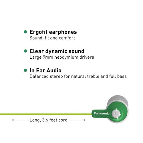 파나소닉 Panasonic ErgoFit In-Ear Earbud Headphones RP-HJE120-G (Green) Dynamic Crystal Clear Sound, Ergonomic Comfort-Fit