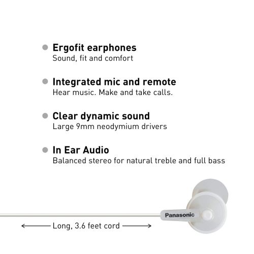 파나소닉 Panasonic PANASONIC ErgoFit Earbud Headphones with Microphone and Call Controller Compatible with iPhone, Android and Blackberry - RP-TCM125-W - In-Ear (White)