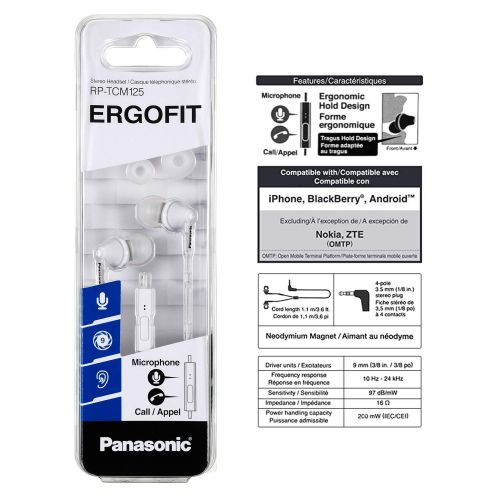 파나소닉 Panasonic PANASONIC ErgoFit Earbud Headphones with Microphone and Call Controller Compatible with iPhone, Android and Blackberry - RP-TCM125-W - In-Ear (White)