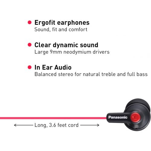 파나소닉 Panasonic Ergofit in-Ear Earbud Headphones Matte Black/Red (RP-HJE120-KB)