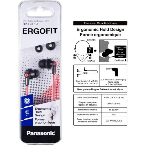 파나소닉 Panasonic Ergofit in-Ear Earbud Headphones Matte Black/Red (RP-HJE120-KB)