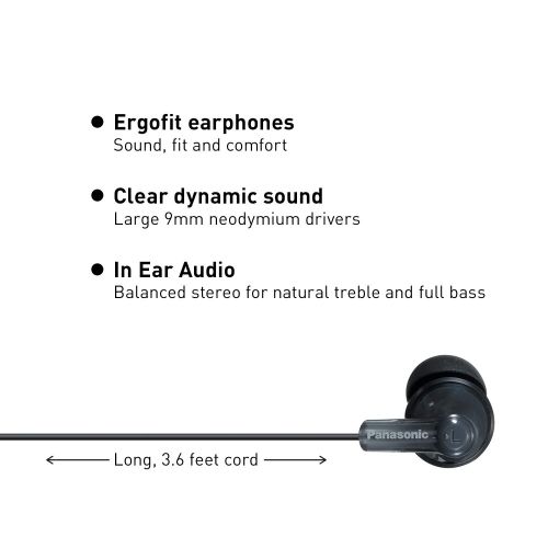 파나소닉 Panasonic ErgoFit In-Ear Earbud Headphones RP-HJE120-K (Black) Dynamic Crystal Clear Sound, Ergonomic Comfort-Fit