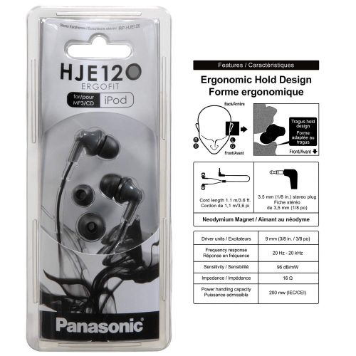 파나소닉 Panasonic ErgoFit In-Ear Earbud Headphones RP-HJE120-K (Black) Dynamic Crystal Clear Sound, Ergonomic Comfort-Fit