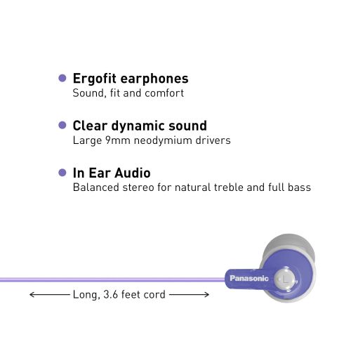 파나소닉 Panasonic ErgoFit In-Ear Earbud Headphones RP-HJE120-V (Purple) Dynamic Crystal Clear Sound, Ergonomic Comfort-Fit,Violet