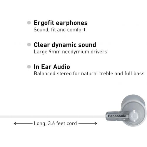 파나소닉 Panasonic ErgoFit In-Ear Earbud Headphones RP-HJE120-S (Silver) Dynamic Crystal Clear Sound, Ergonomic Comfort-Fit