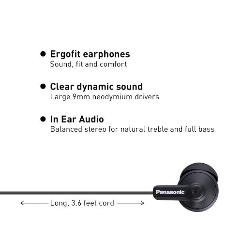 파나소닉 Panasonic ErgoFit In-Ear Earbud Headphones RP-HJE120-KA (Matte Black) Dynamic Crystal-Clear Sound, Ergonomic Comfort-Fit