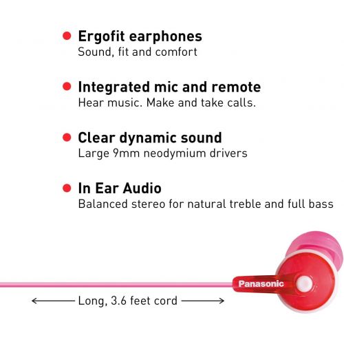 파나소닉 PANASONIC ErgoFit Earbud Headphones with Microphone and Call Controller Compatible with iPhone, Android and Blackberry - RP-TCM125-P - In-Ear (Pink)