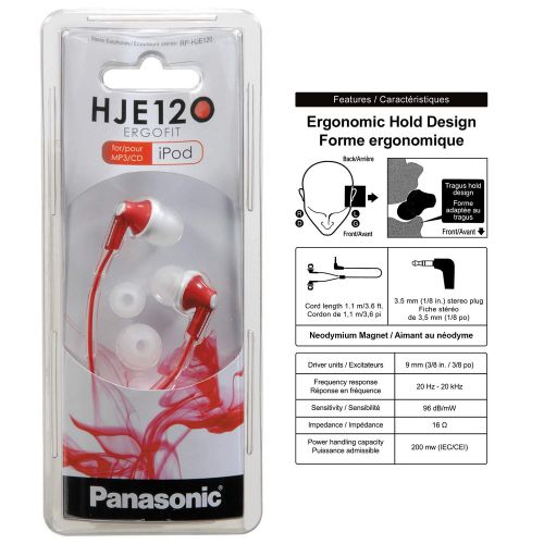파나소닉 Panasonic ErgoFit In-Ear Earbud Headphones RP-HJE120-R (Red) Dynamic Crystal Clear Sound, Ergonomic Comfort-Fit