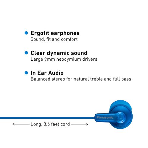 파나소닉 Panasonic ErgoFit in-Ear Earbud Headphones RP-HJE120-AA (Metallic Blue) Dynamic Crystal-Clear Sound, Ergonomic Comfort-Fit