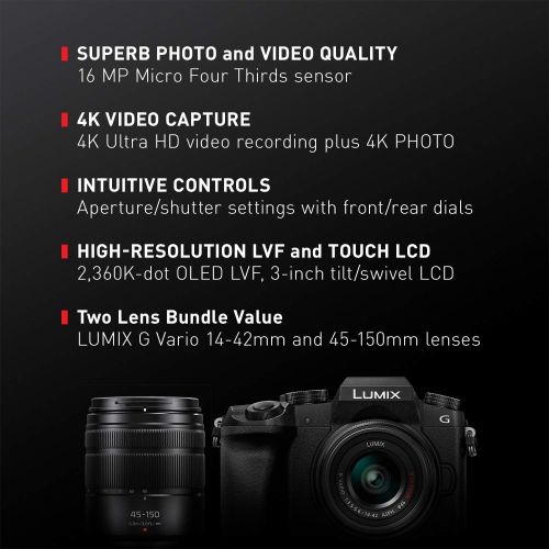 파나소닉 [아마존 핫딜] [아마존핫딜]Panasonic PANASONIC LUMIX G7 4K Digital Mirrorless Camera Bundle with LUMIX G Vario 14-42mm and 45-150mm Lenses, 16MP, 3-Inch Touch LCD, DMC-G7WK (USA Black)