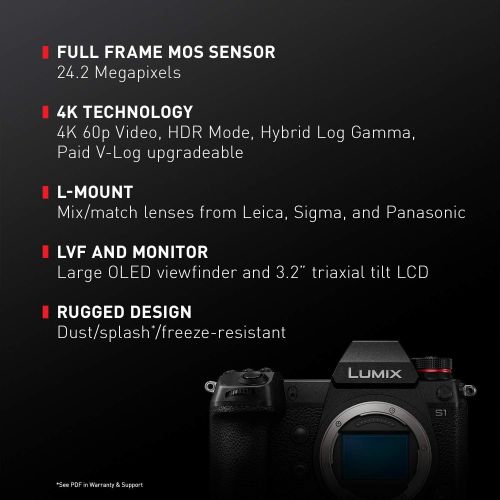 파나소닉 Panasonic LUMIX S1 Full Frame Mirrorless Camera with 24.2MP MOS High Resolution Sensor, L-Mount Lens Compatible, 4K HDR Video and 3.2” LCD - DC-S1BODY