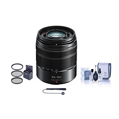 파나소닉 Panasonic Lumix G Vario 45-150mm f/4.0-5.6 ASPH Lens for G Series Cameras, Matte Black - Bundle with Filter Kit, Capleash II, Cleaning Kit