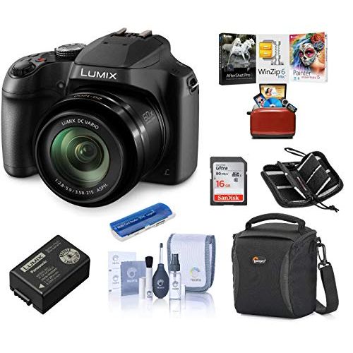 파나소닉 Panasonic Lumix DC-FZ80 Digital Point & Shoot Camera - Bundle with 16GB SDHC Card, Camera Bag, Cleaning Kit, Memory Wallet, Card Reader, Mac Software Package
