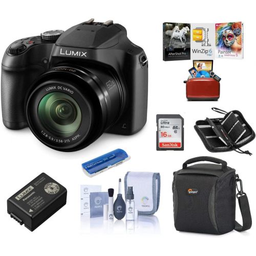 파나소닉 Panasonic Lumix DC-FZ80 Digital Point & Shoot Camera - Bundle with 16GB SDHC Card, Camera Bag, Cleaning Kit, Memory Wallet, Card Reader, Mac Software Package