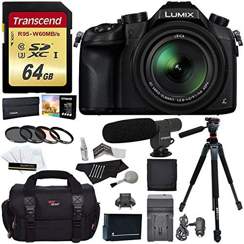 파나소닉 Panasonic Lumix DMC-FZ1000 4K QFHD/HD 16X Long Zoom Digital Camera (Black) + Transcend 64 GB UH3 SD Card + 60 inch Tripod + Filters + Spare Battery + Camera Bag + Accessory Bundle