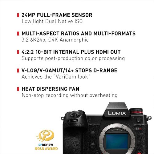 파나소닉 PANASONIC LUMIX S1H Digital Mirrorless Video Camera with 24.2 Full Frame Sensor, 6K/24p Video Recording Capability, V-Log/V-Gamut, and Multi-Aspect Recording