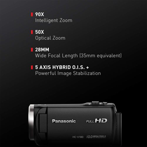 파나소닉 Panasonic Full HD Video Camera Camcorder HC-V180K, 50X Optical Zoom, 1/5.8-Inch BSI Sensor, Touch Enabled 2.7-Inch LCD Display (Black)