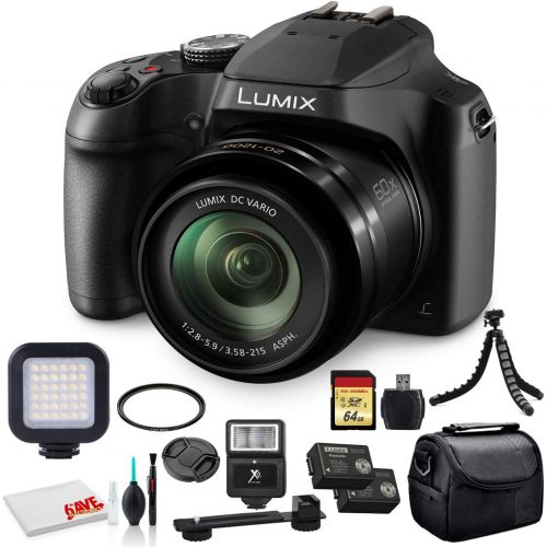 파나소닉 Panasonic Lumix DC-FZ80 Digital Camera (DC-FZ80K) - Bundle - with 64GB Memory Card + LED Video Light + DMW-BMB9 Battery + Digital Flash + Soft Bag + 12 Inch Flexible Tripod + Clean