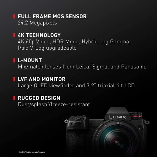 파나소닉 Panasonic LUMIX S1 Full Frame Mirrorless Camera with 24.2MP MOS High-Resolution Sensor,24-105mm F4 L-Mount S Series Lens,4K HDR Video,3.2 inch LCD with Tripod & More,Extended 3 Yea