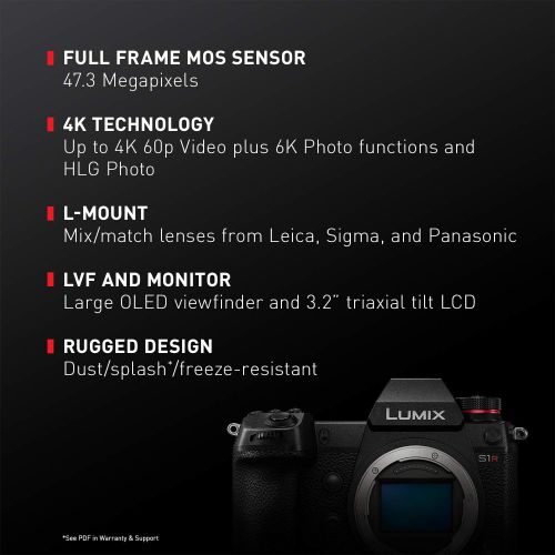 파나소닉 Panasonic LUMIX S1R Full Frame Mirrorless Camera with 47.3MP MOS High Resolution Sensor, L-Mount Lens Compatible, 4K HDR Video and 3.2” LCD - DC-S1RBODY