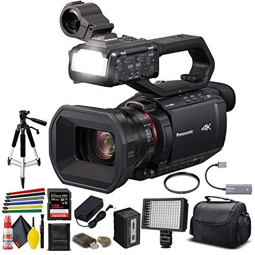 파나소닉 Panasonic AG-CX10 4K Camcorder + Padded Case, Sandisk Extreme Pro 128 GB Memory Card, Heavy Duty Tripod, Wire Straps, LED Light, and More