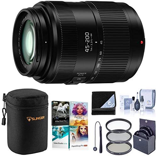 파나소닉 Panasonic Lumix G II Vario Lens, 45-200mm, F4.0-5.6 II, Mirrorless Micro Four Thirds, Power O.I.S. (H-FSA45200) Bundle with Filter Kit, Lens Case + Wrap, PC Software, Cleaning Kit,