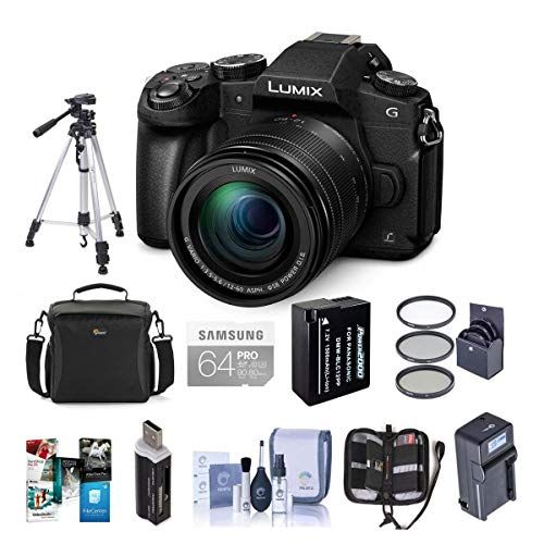 파나소닉 Panasonic Lumix DMC-G85 Mirrorless Camera with 12-60mm F/3.5-5.6 Lumix G Vario Power OIS Lens, Black - Bundle with 64GB SDXC Card, Spare Battery, Tripod, Compact Charger, Software