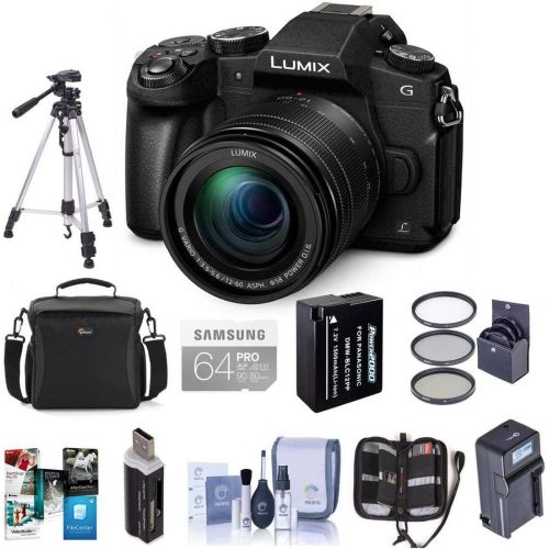 파나소닉 Panasonic Lumix DMC-G85 Mirrorless Camera with 12-60mm F/3.5-5.6 Lumix G Vario Power OIS Lens, Black - Bundle with 64GB SDXC Card, Spare Battery, Tripod, Compact Charger, Software