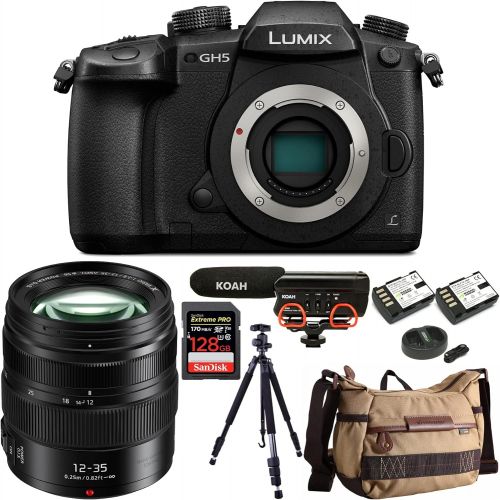 파나소닉 Panasonic LUMIX GH5 4K Mirrorless Camera with 12-35mm Lens,128GB SD Card, Camera Backpack, Shock Mount, Aluminum Tripod and Battery and Dual Charger Bundle (7 Items)