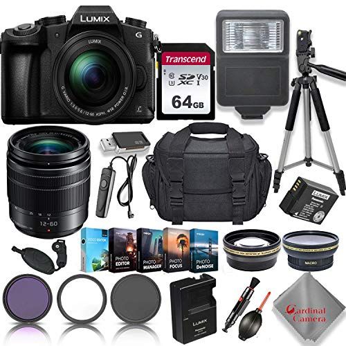 파나소닉 Panasonic Lumix DMC-G85 4K Wi-Fi Digital Camera with 12-60mm Lens + 64GB Transcend Memory Card + 3 Piece Filter Kit + Padded Case + 50 inch Tripod and More…