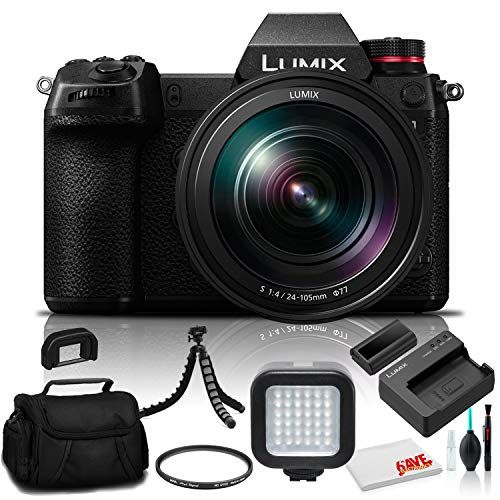 파나소닉 Panasonic Lumix DC-S1 Mirrorless Digital Camera with 24-105mm Lens (DC-S1MK) - Bundle - with LED Video Light + Soft Bag + 12 Inch Flexible Tripod + Cleaning Set + 77mm UV Filter