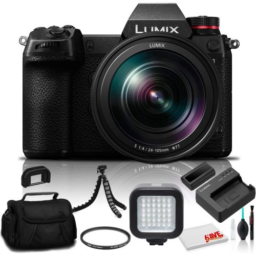파나소닉 Panasonic Lumix DC-S1 Mirrorless Digital Camera with 24-105mm Lens (DC-S1MK) - Bundle - with LED Video Light + Soft Bag + 12 Inch Flexible Tripod + Cleaning Set + 77mm UV Filter