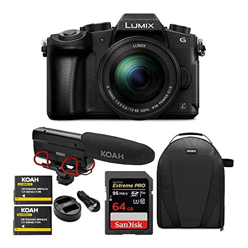 파나소닉 Panasonic LUMIX G85 Mirrorless Camera with 12-60mm Lens, Koah Microphone, 64GB SDXC Memory Card, Battery and Dual Charger and Camera Bag Bundle (5 Items)