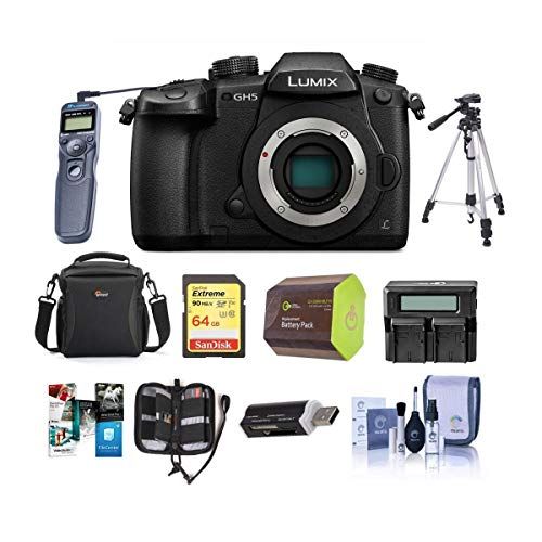 파나소닉 Panasonic LUMIX GH5 4K Digital Mirrorless Camera, DC-GH5 (Black), Bundle with Camera Bag, Intervalometer, Dual Charger, Battery, 64GB SD Card, Tripod, SD Card Case, PC Software Kit