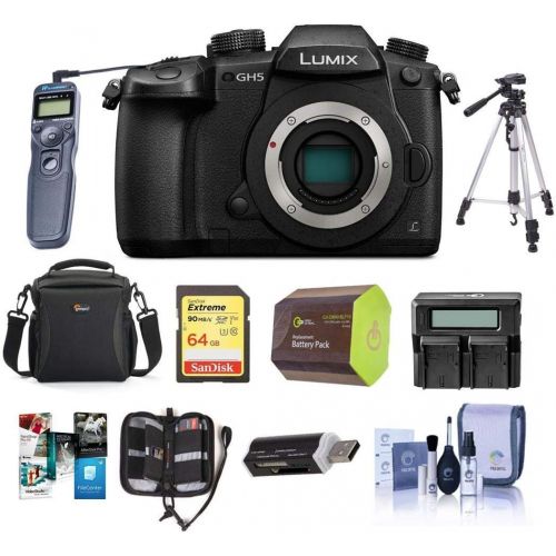 파나소닉 Panasonic LUMIX GH5 4K Digital Mirrorless Camera, DC-GH5 (Black), Bundle with Camera Bag, Intervalometer, Dual Charger, Battery, 64GB SD Card, Tripod, SD Card Case, PC Software Kit