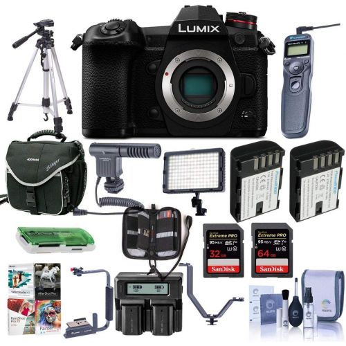 파나소닉 Panasonic Lumix G9 Mirrorless Camera Body, Black - Bundle with 64/32GB SDHC U3 Card, 2X Spare Battery, Camera Case, Tripod, Remote Shuter Release, Video Light, Shotgun Mic, Softwar
