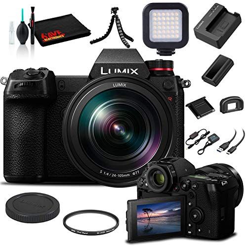 파나소닉 Panasonic Lumix DC-S1R Mirrorless Digital Camera with 24-105mm Lens (DC-S1RMK) - Bundle - with LED Video Light + Soft Bag + 12 Inch Flexible Tripod + Cleaning Set + 77mm UV Filter