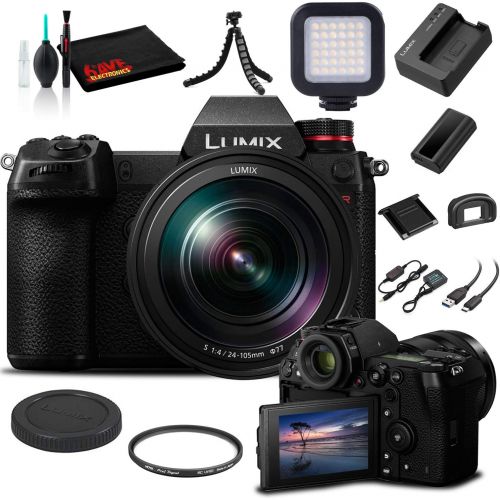 파나소닉 Panasonic Lumix DC-S1R Mirrorless Digital Camera with 24-105mm Lens (DC-S1RMK) - Bundle - with LED Video Light + Soft Bag + 12 Inch Flexible Tripod + Cleaning Set + 77mm UV Filter