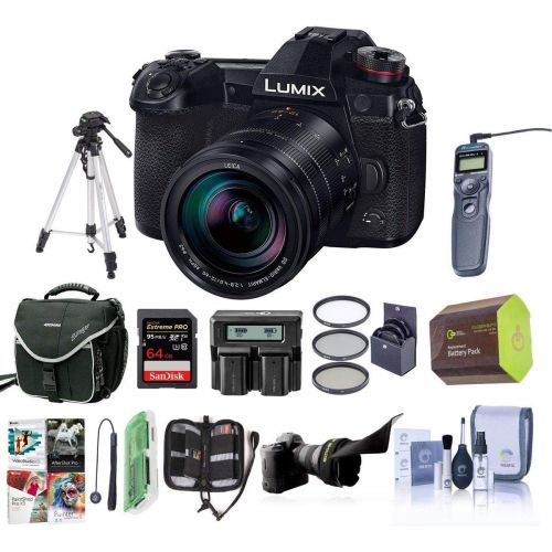 파나소닉 Panasonic Lumix G9 Mirrorless Camera, Black with Lumix G Leica DG Vario-Elmarit 12-60mm F/2.8-4.0 Lens - Bundle with Case, 64GB SDHC U3 Card, Spare Battery, Tripod, Remote Shuter R