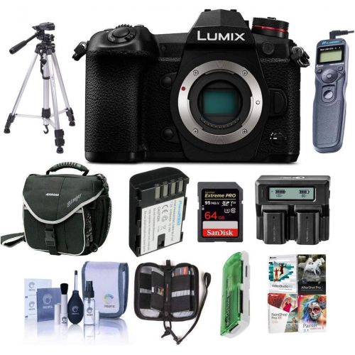 파나소닉 Panasonic Lumix G9 Mirrorless Camera Body, Black - Bundle with 64GB SDHC U3 Card, Spare Battery, Camera Case, Tripod, Remote Shuter Release, Dual Charger, Cleaning Kit, Software Pa