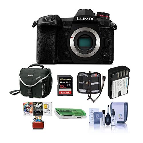 파나소닉 Panasonic Lumix G9 Mirrorless Camera Body, Black - Bundle with 32GB SDHC U3 Card, Spare Battery, Camera Case, Cleaning Kit, Memory Wallet, Card Reader, Mac Software Package
