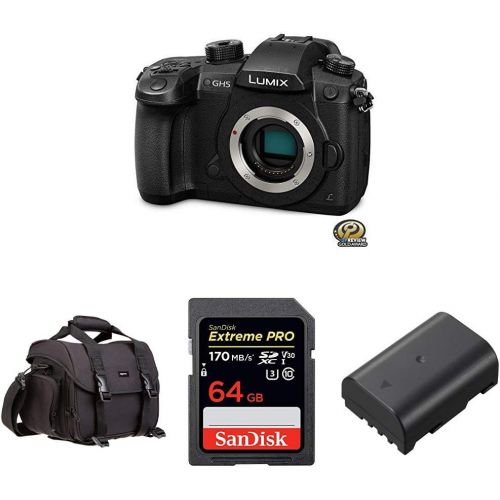파나소닉 PANASONIC LUMIX GH5 4K Digital Camera, 20.3 Megapixel Mirrorless Camera with SanDisk 64GB Extreme PRO Card & AmazonBasics Large DSLR Camera Gadget Bag & DMW-BLF19 Lithium-Ion Batte