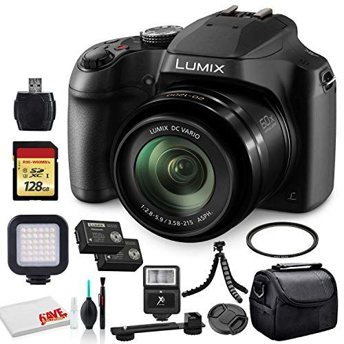 파나소닉 Panasonic Lumix DC-FZ80 Digital Camera (DC-FZ80K) - Bundle - with 128GB Memory Card + LED Video Light + DMW-BMB9 Battery + Digital Flash + Soft Bag + 12 Inch Flexible Tripod + Clea