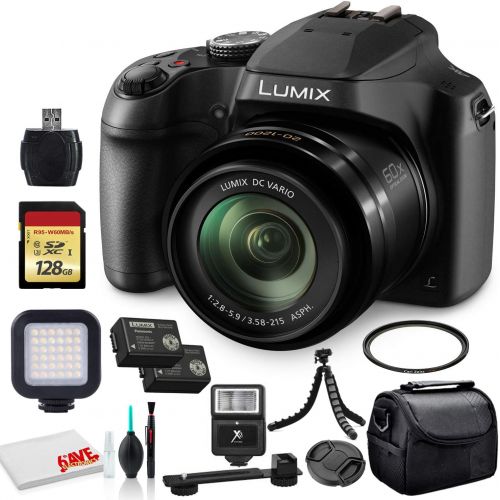 파나소닉 Panasonic Lumix DC-FZ80 Digital Camera (DC-FZ80K) - Bundle - with 128GB Memory Card + LED Video Light + DMW-BMB9 Battery + Digital Flash + Soft Bag + 12 Inch Flexible Tripod + Clea