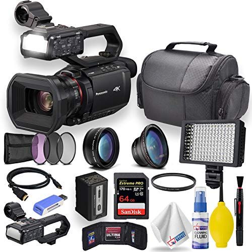 파나소닉 Panasonic HC-X2000 UHD 4K 3G-SDI/HDMI Pro Camcorder with 24x Zoom W/UV and HD Filter Kit + Soft Case + Sandisk Extreme Pro 64GB Card + LED Light + HDMI Cable + Clean and Care Set +