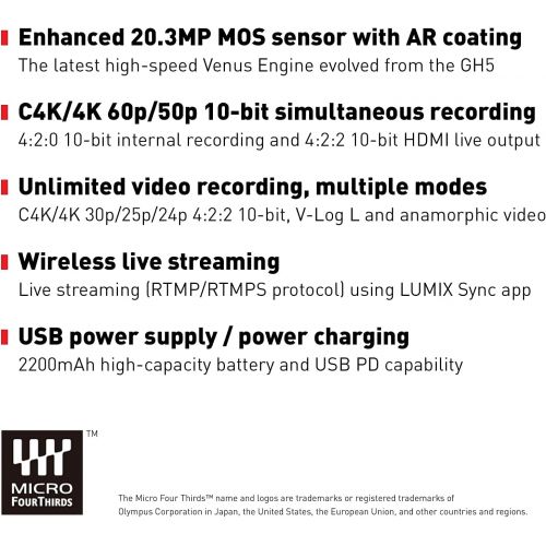 파나소닉 Panasonic LUMIX GH5M2, 20.3MP Mirrorless Micro Four Thirds Camera with Live Streaming, 4K 4:2:2 10-Bit Video, 5-Axis Image Stabilizer, 12-60mm F2.8-4.0 Leica Lens DC-GH5M2LK