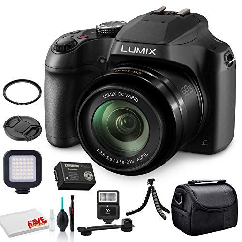 파나소닉 Panasonic Lumix DC-FZ80 Digital Camera (DC-FZ80K) - Bundle - with LED Video Light + Digital Flash + Soft Bag + 12 Inch Flexible Tripod + Cleaning Set + 55mm UV Filter