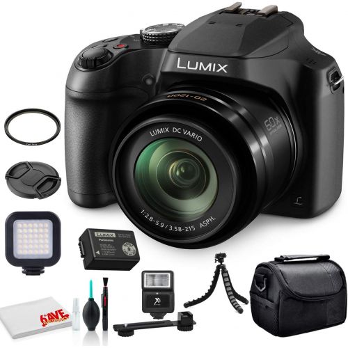 파나소닉 Panasonic Lumix DC-FZ80 Digital Camera (DC-FZ80K) - Bundle - with LED Video Light + Digital Flash + Soft Bag + 12 Inch Flexible Tripod + Cleaning Set + 55mm UV Filter