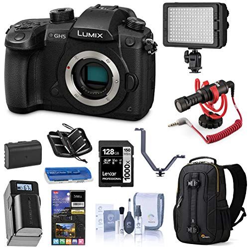 파나소닉 Panasonic LUMIX GH5 4K Mirrorless Digital Camera, 20.3 Megapixel DC-GH5 (Body), Essential Bundle with LED Light, RODE VideoMicro Mic, Backpack, Battery, Charger, 128GB SD Card and